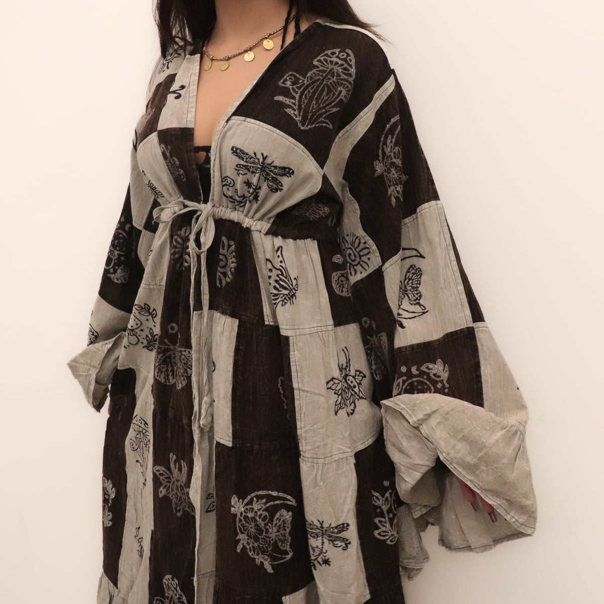 Boho Patchwork Ruffle Sleeve Long Duster