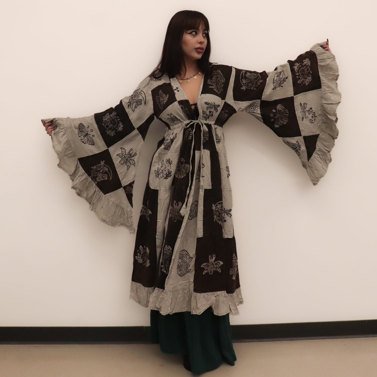 Boho Patchwork Ruffle Sleeve Long Duster