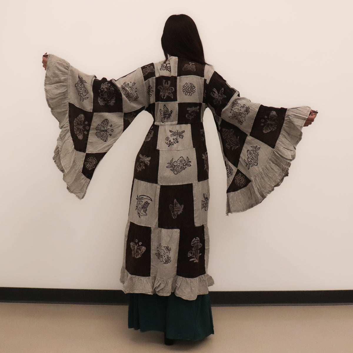 Boho Patchwork Ruffle Sleeve Long Duster
