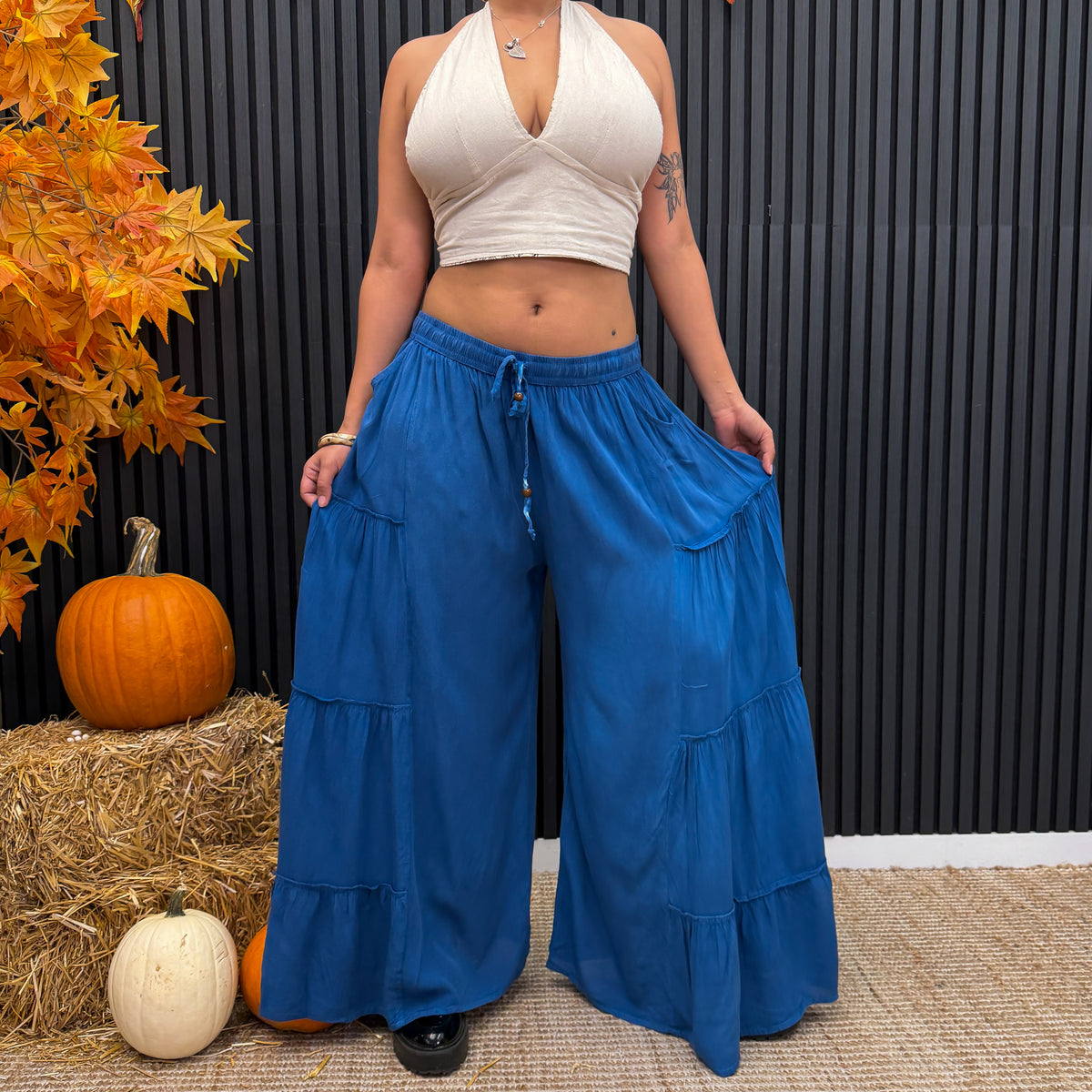 Stonewashed Boho Wide Leg Palazzo Pants