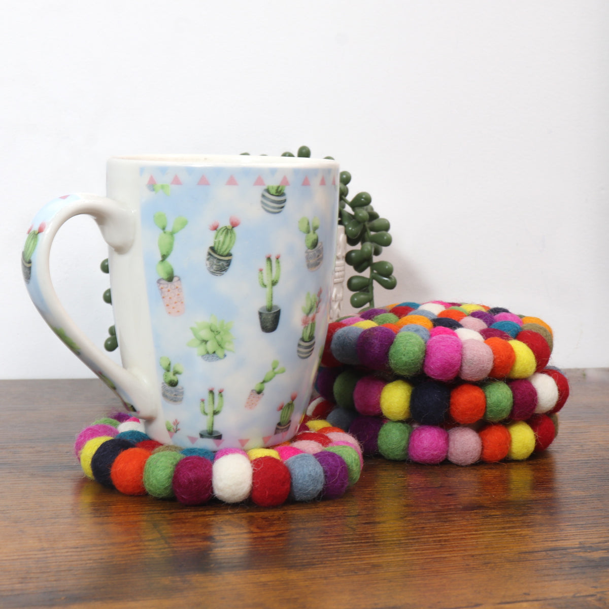 Handmade Multicolor Wool Felt Ball Trivet and Coaster Set
