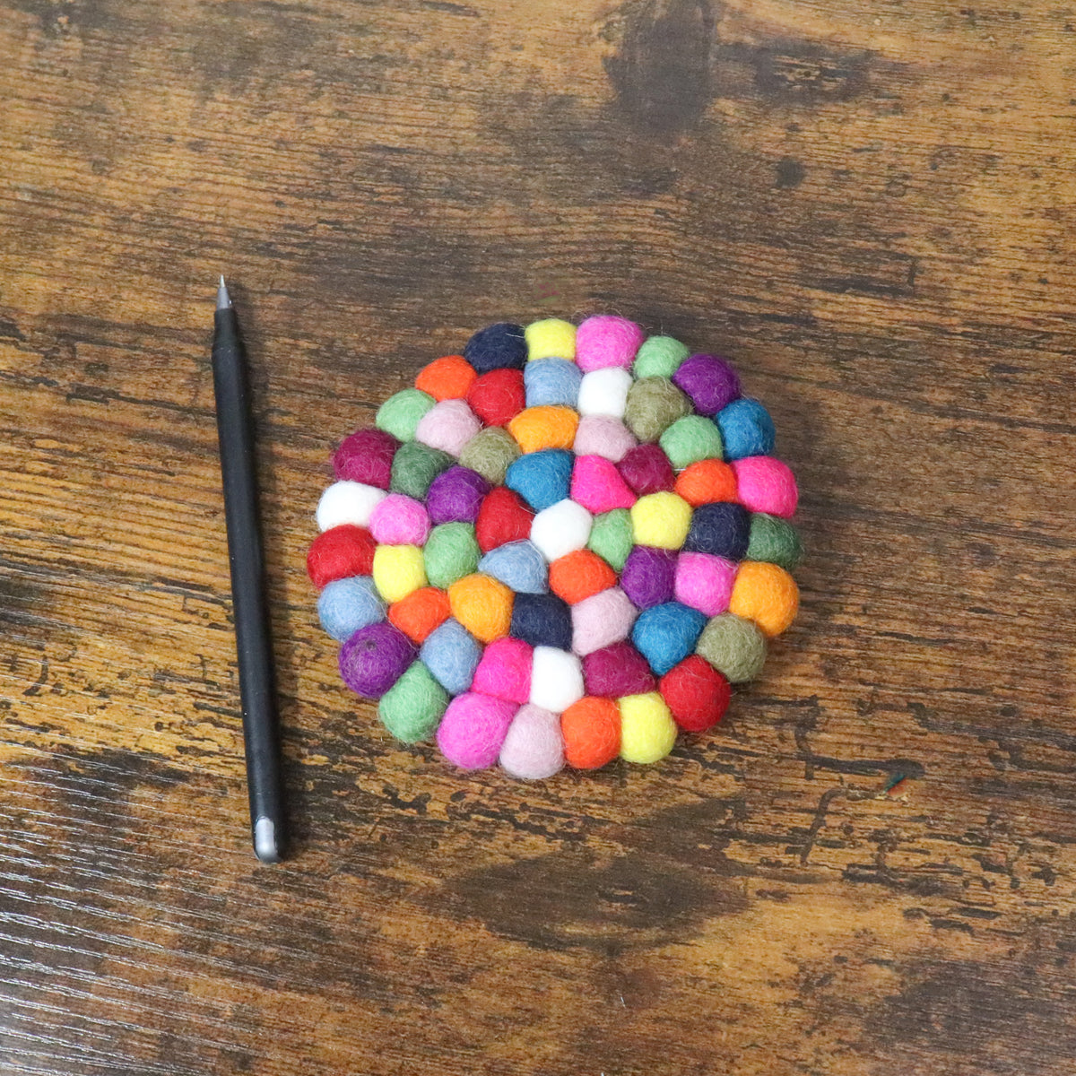 Handmade Multicolor Wool Felt Ball Trivet and Coaster Set