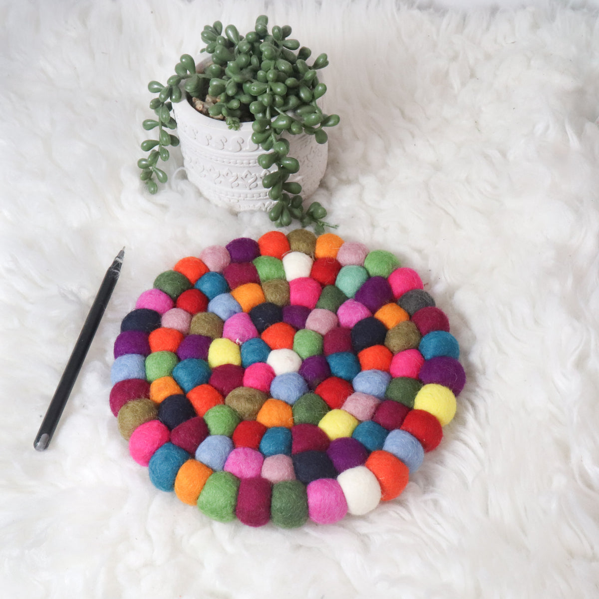 Handmade Wool Felt Ball Placemat with Colorful Pom Poms