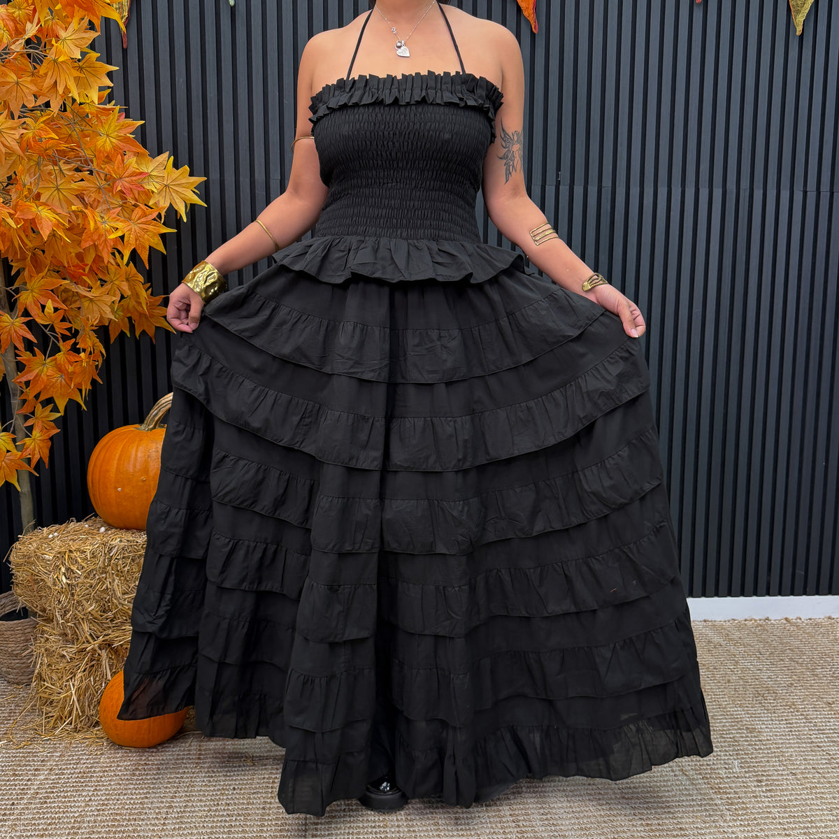 Black Boho Smocked Ruffle Maxi Dress