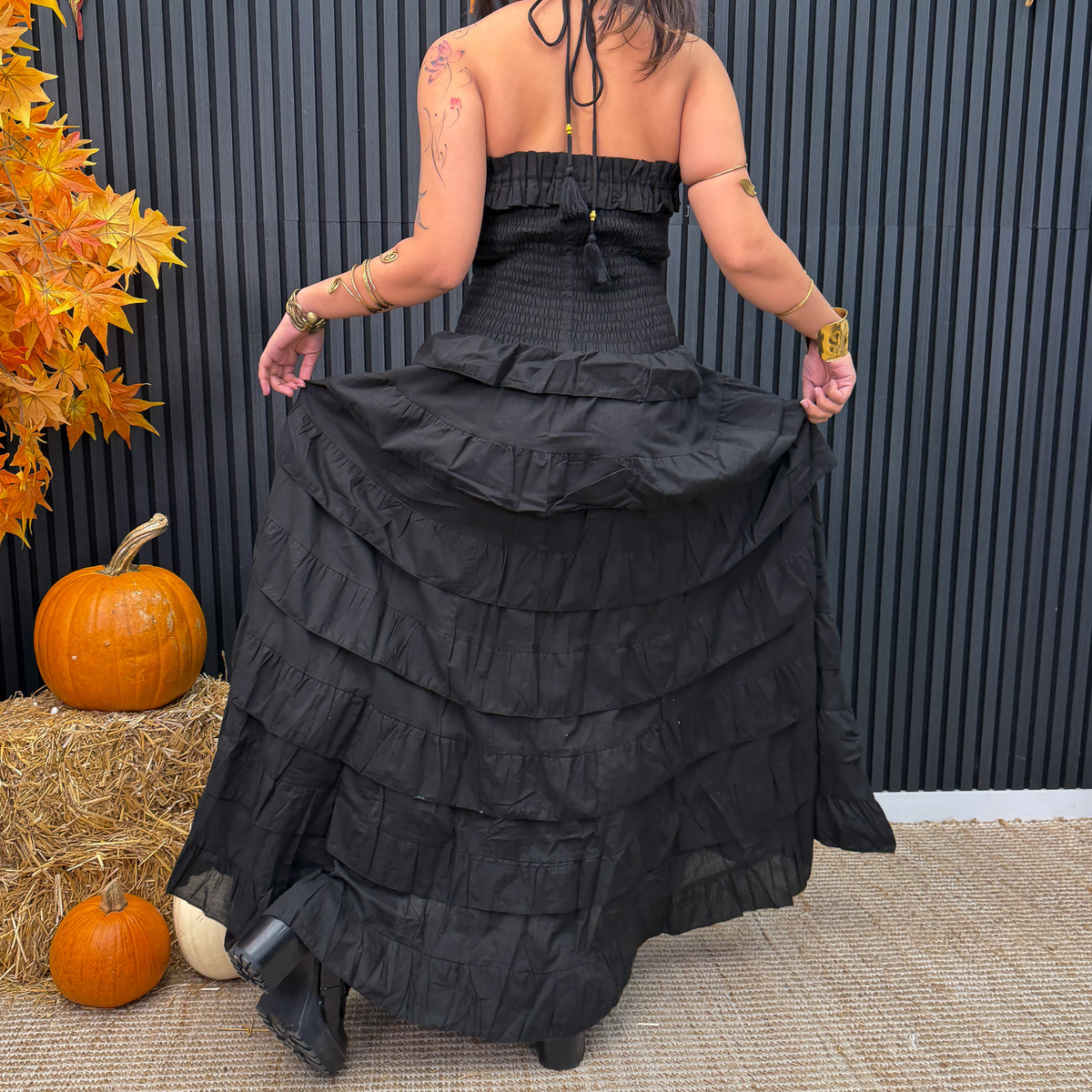 Black Boho Smocked Ruffle Maxi Dress