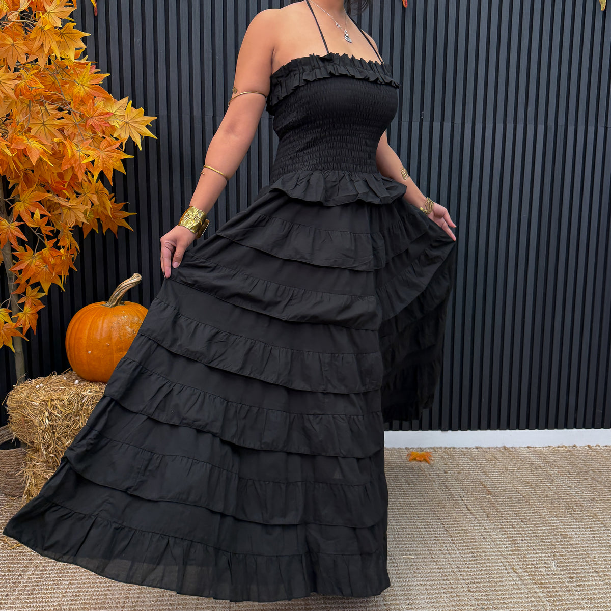 Black Boho Smocked Ruffle Maxi Dress