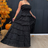 Black Boho Smocked Ruffle Maxi Dress