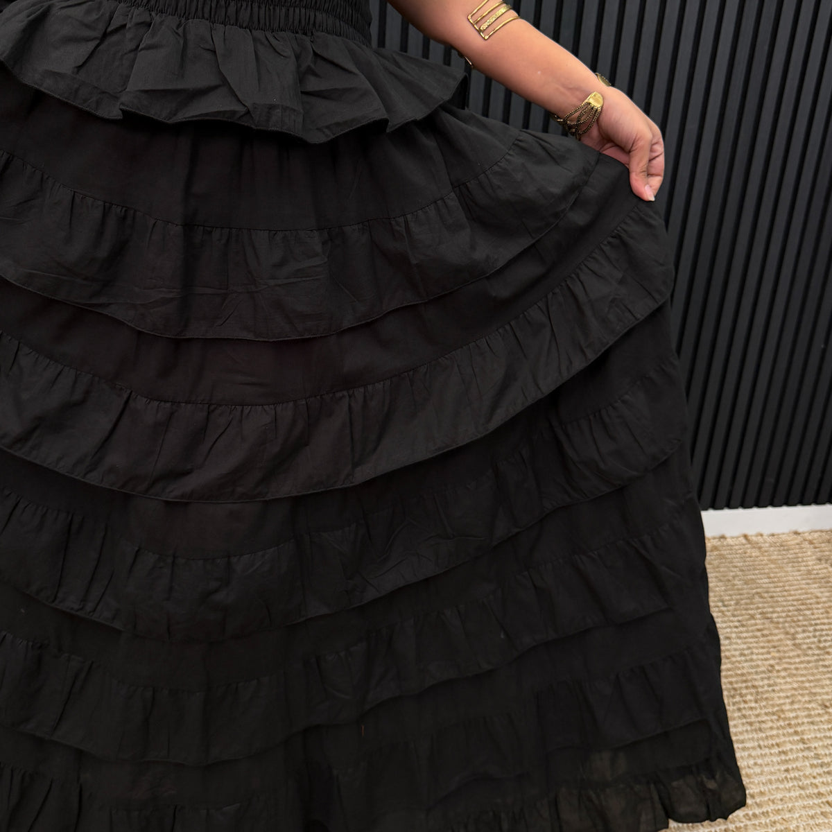 Black Boho Smocked Ruffle Maxi Dress