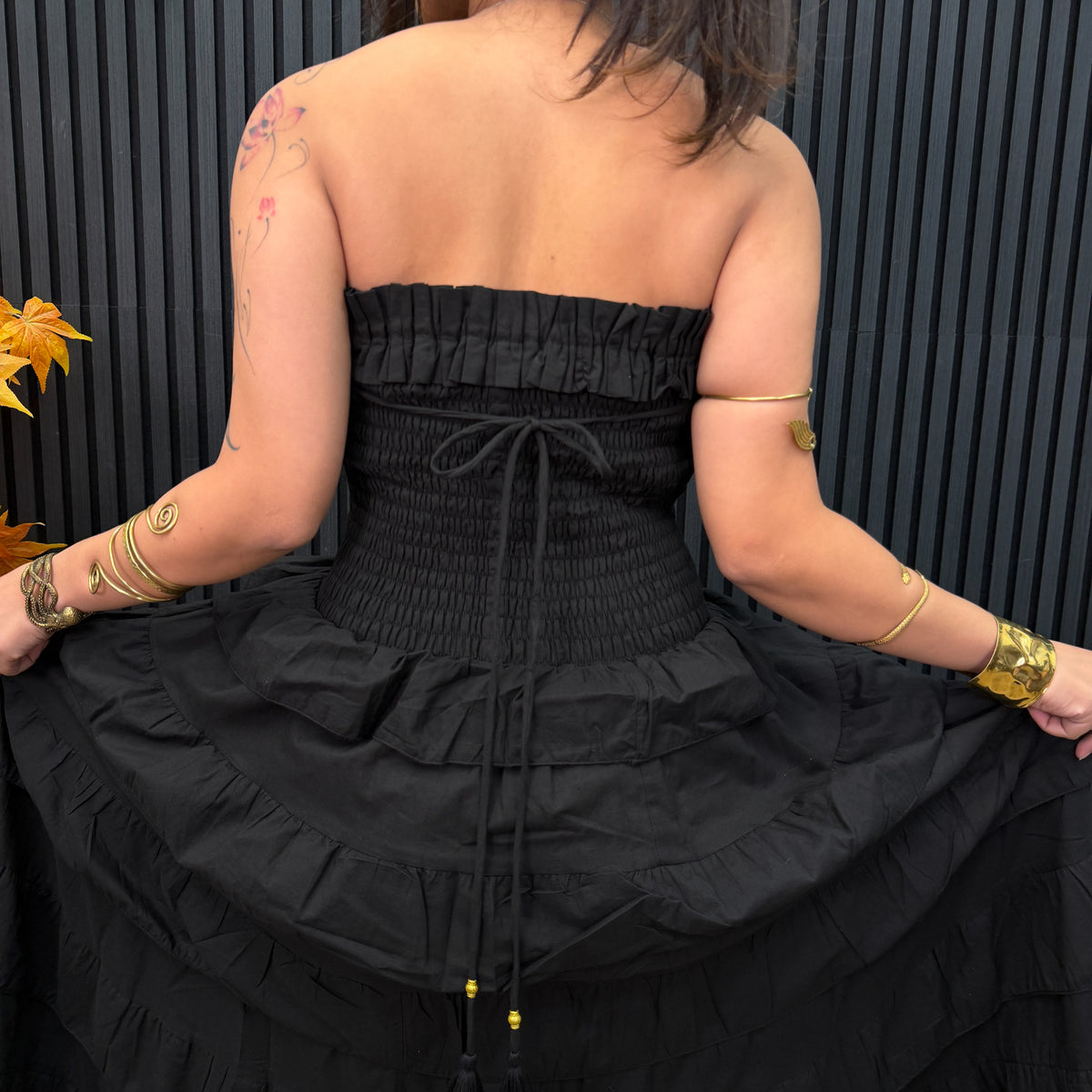 Black Boho Smocked Ruffle Maxi Dress