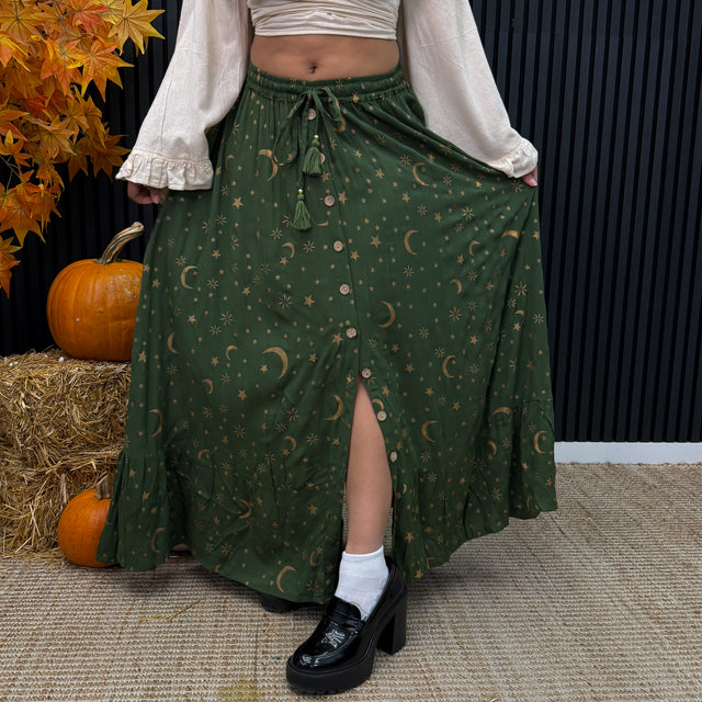 Witchy Celestial Moon & Star Maxi Skirt