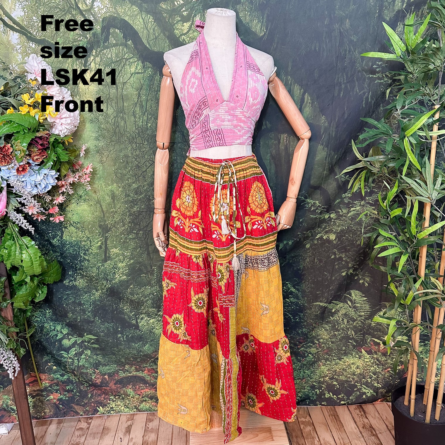 Kantha Long Tiered  Flowy Skirt with Pockets