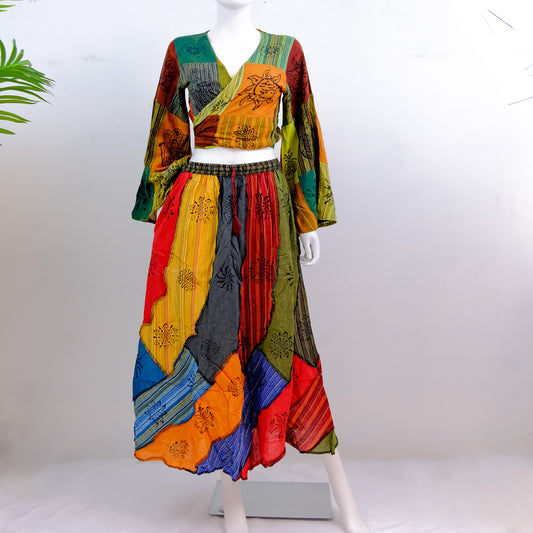 Patchwork Flowy Boho Skirt with Bell Sleeve Tie Top