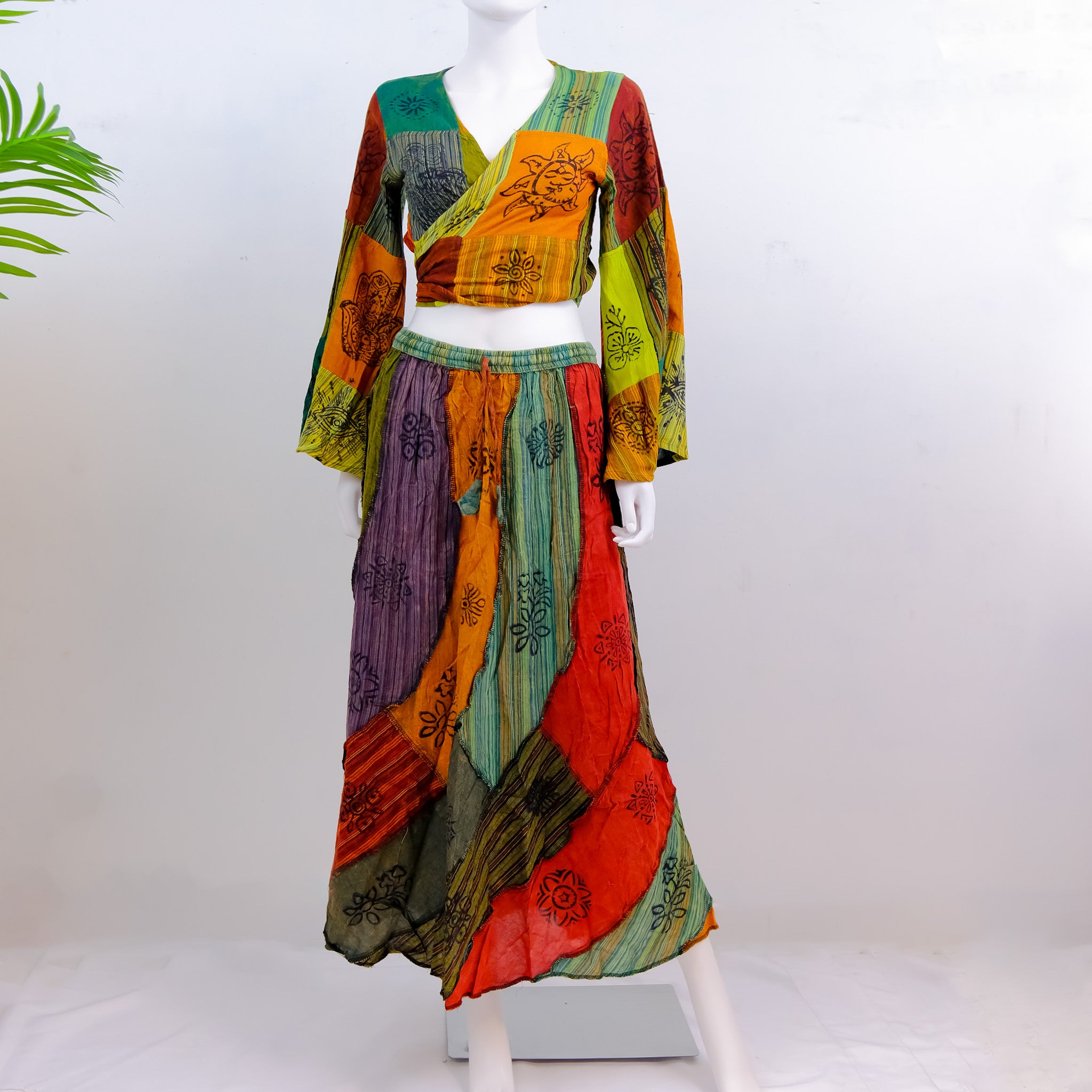 Patchwork Flowy Boho Skirt with Bell Sleeve Tie Top – karmanepalcrafts