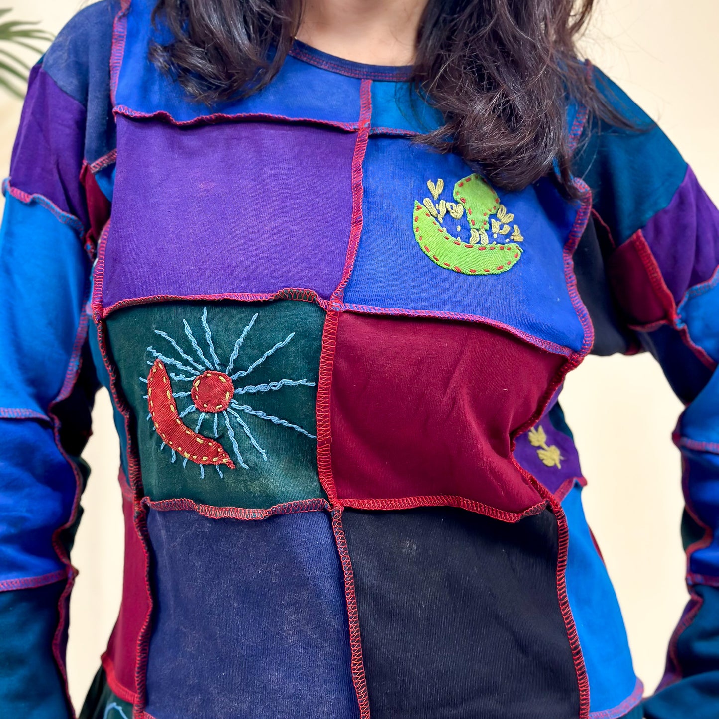 Hand Embroidered Patchwork Long Sleeve Sweater