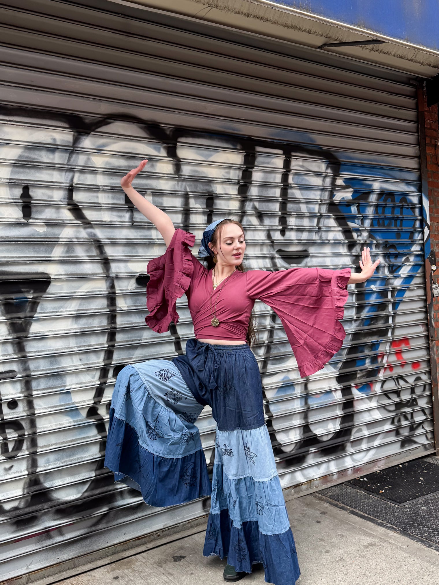 Denim Tiered Wide Leg Pants