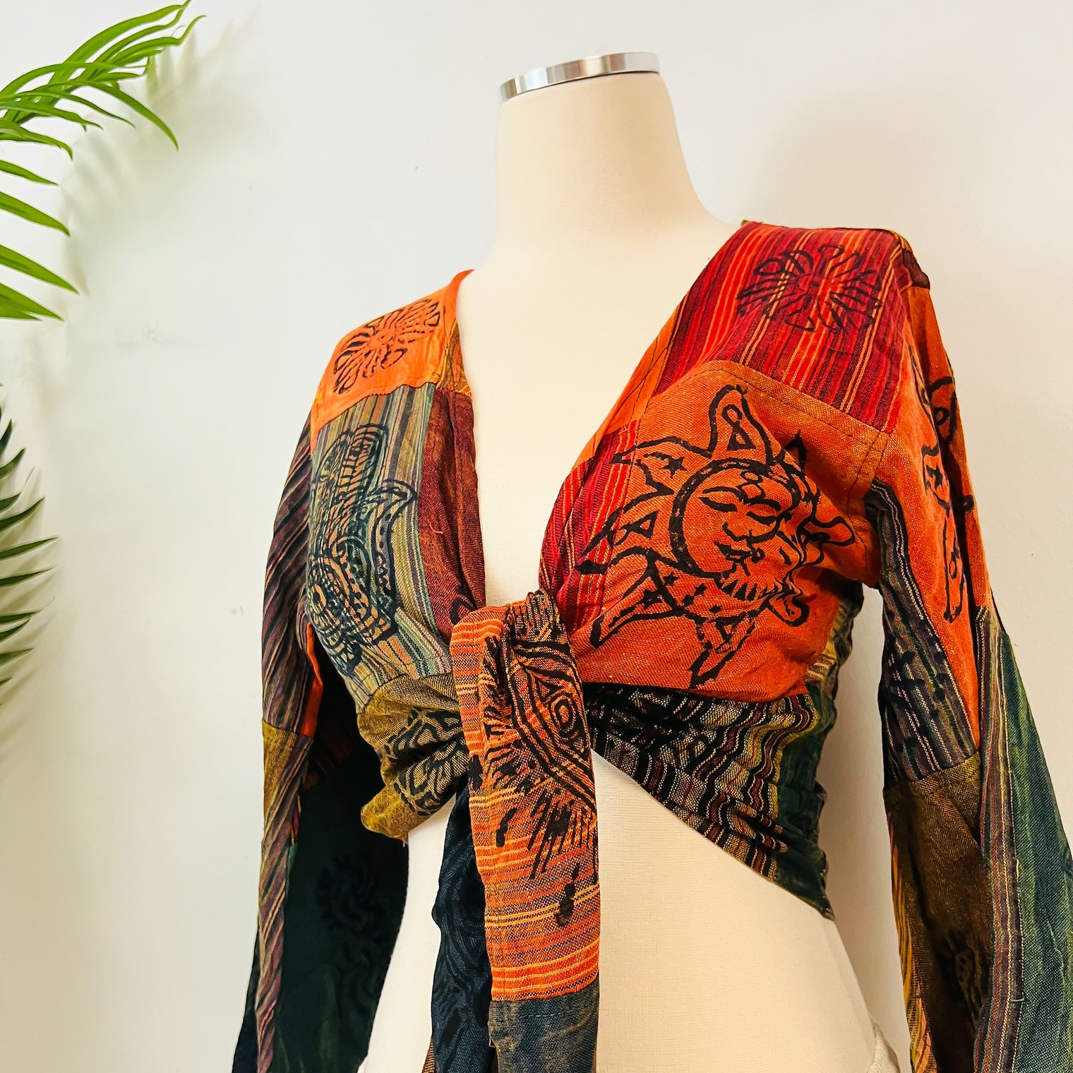 Patchwork Cotton Tie Top with Bell Sleeve