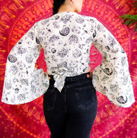 Flare Sleeve Mushroom Print Cotton Wrap Top