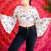 Flare Sleeve Mushroom Print Cotton Wrap Top