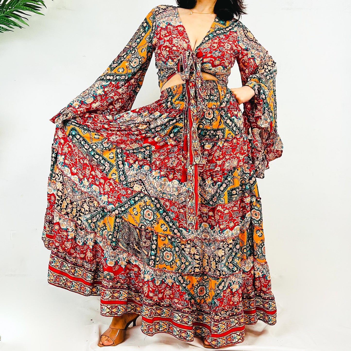 70s Style Boho Skirt with Bell Sleeve Top
