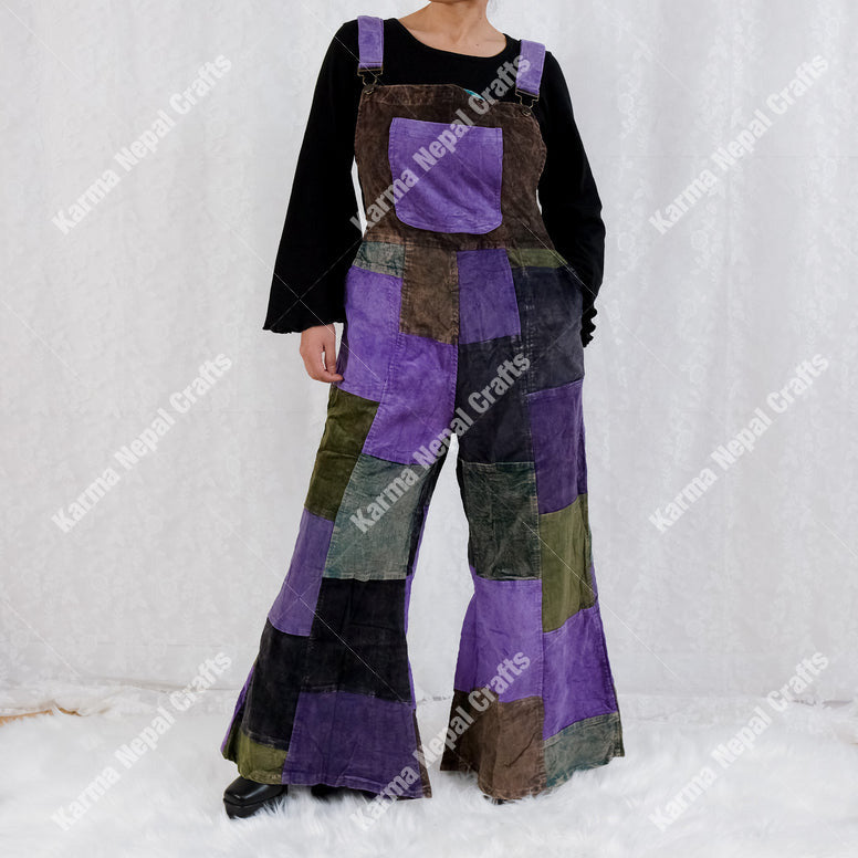 Patchwork Corduroy Jumpsuit with Bell Bottom