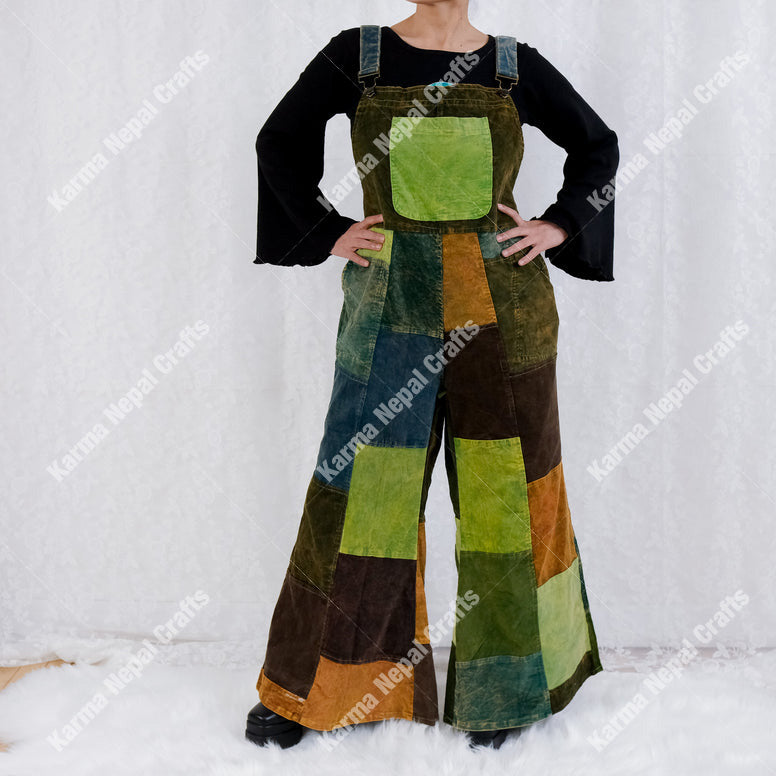 Patchwork Corduroy Jumpsuit with Bell Bottom
