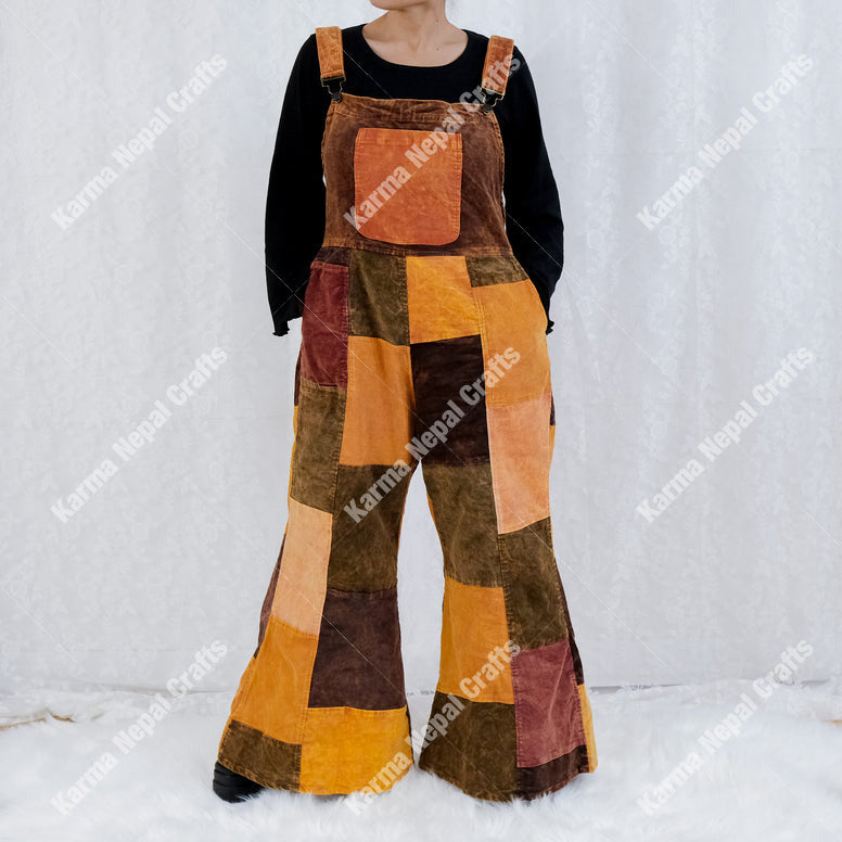 Patchwork Corduroy Jumpsuit with Bell Bottom