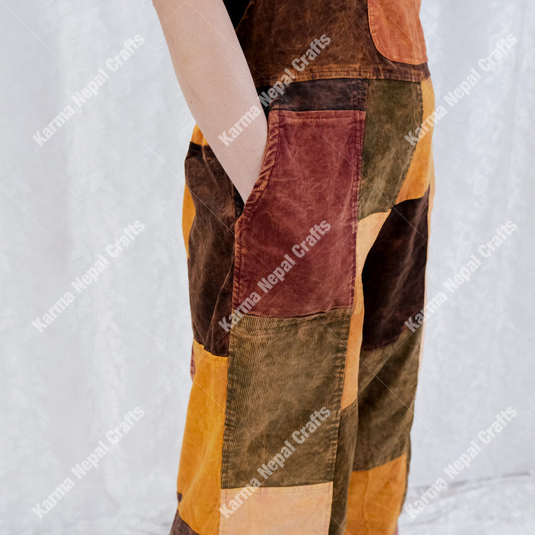 Patchwork Corduroy Jumpsuit with Bell Bottom