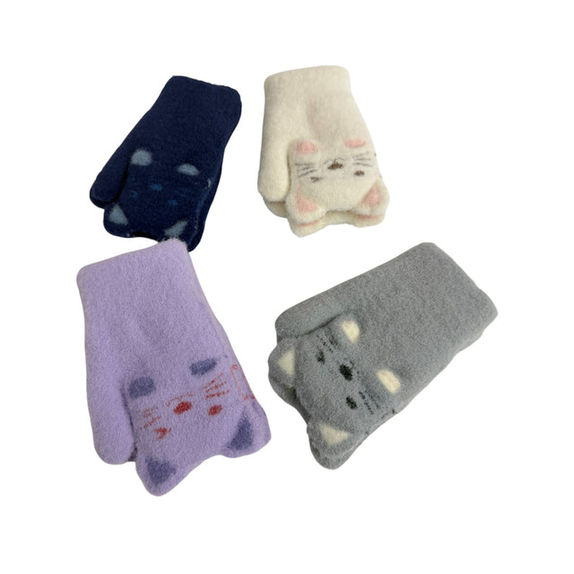 Kids Cat Mittens with String and Fleece Lining