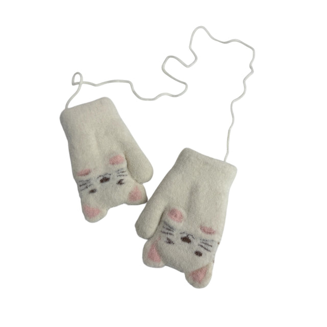 Kids Cat Mittens with String and Fleece Lining