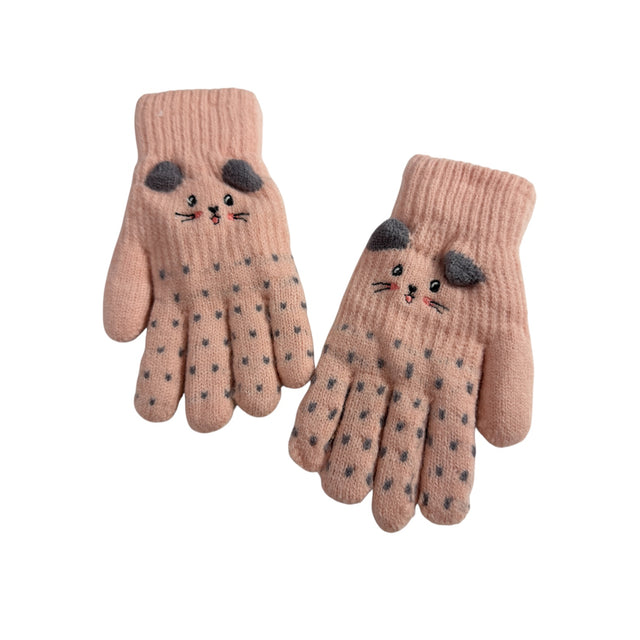 Kids Fleece Lined Knit Cat Design Gloves
