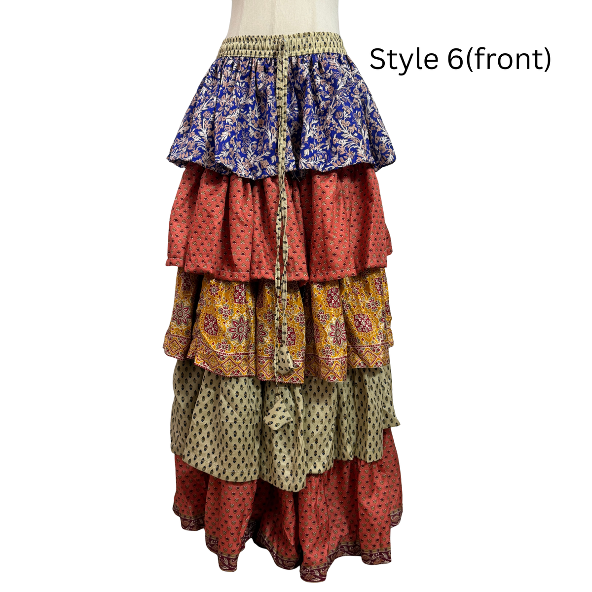 One-of-a-Kind Recycled Sari Tiered Maxi Skirt