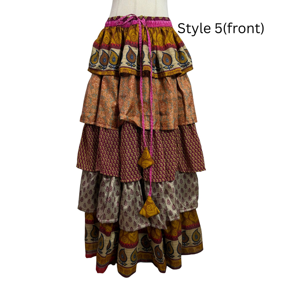 One-of-a-Kind Recycled Sari Tiered Maxi Skirt