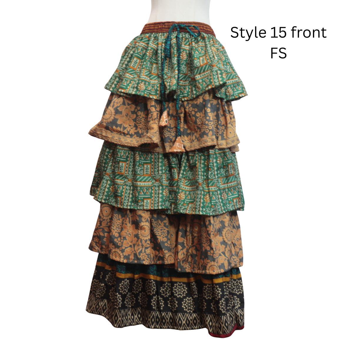 One-of-a-Kind Recycled Sari Tiered Maxi Skirt