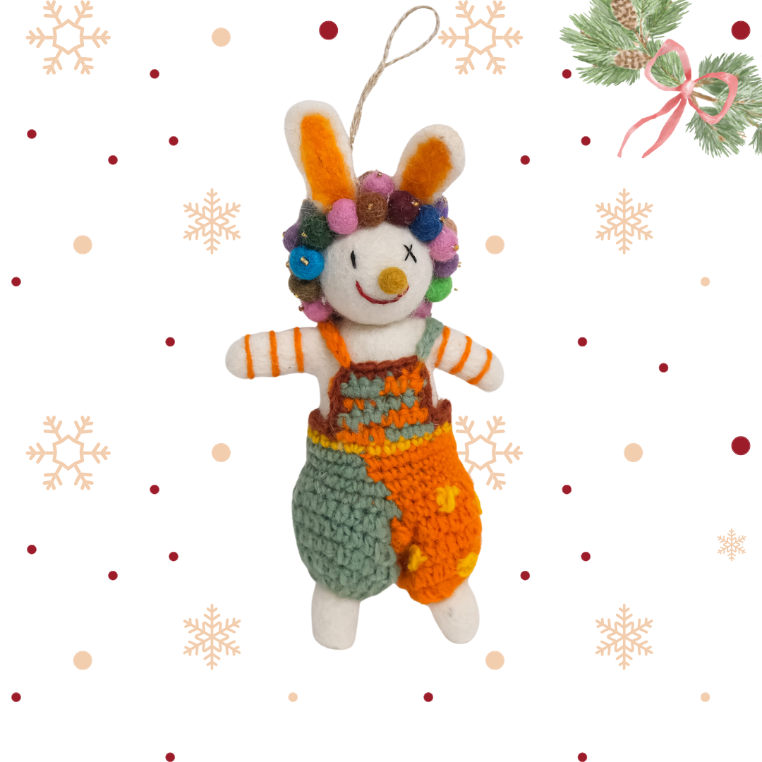 Needle Felted Bunny with Pom Pom Crown and Knitted Overalls