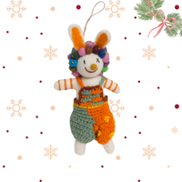 Needle Felted Bunny with Pom Pom Crown and Knitted Overalls