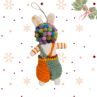 Needle Felted Bunny with Pom Pom Crown and Knitted Overalls