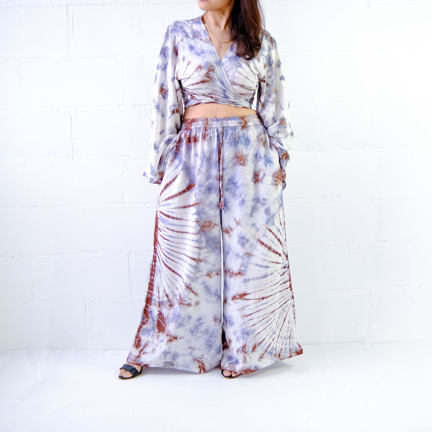 Tie Dye Palazzo Pant Set with Bell Sleeve Wrap Top