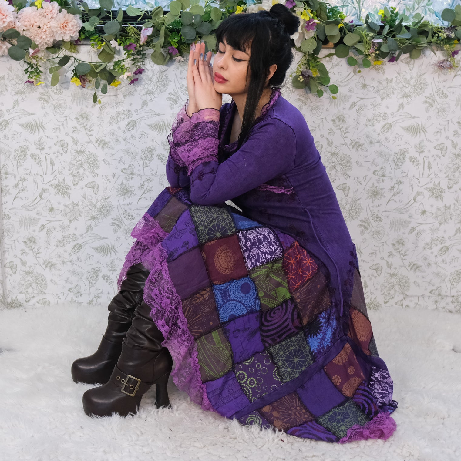 Bohemian Cotton Fairycore Patchwork Dress Flowy Festival Style