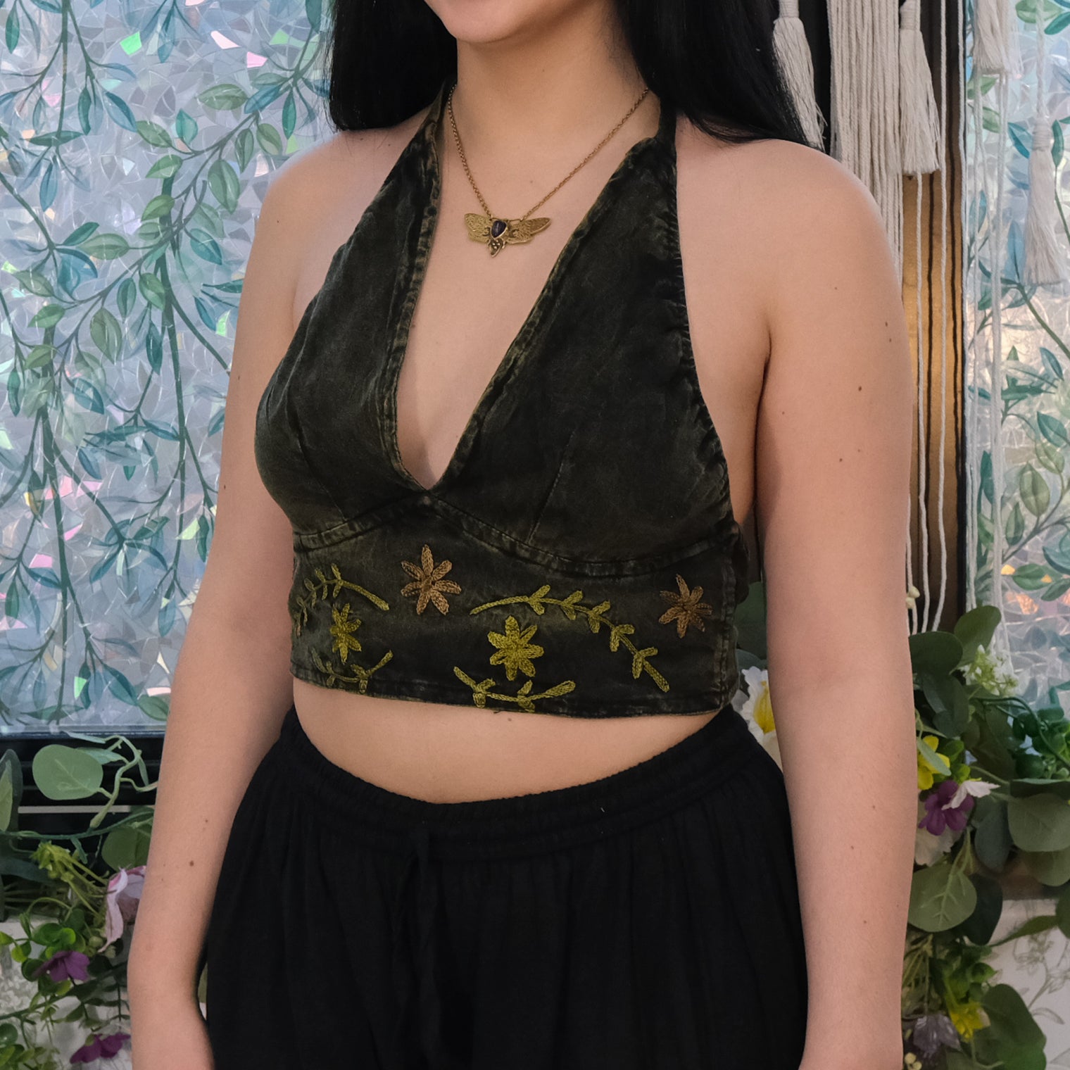 Boho Fairycore Embroidered Halter Bralette Cotton Crop Top