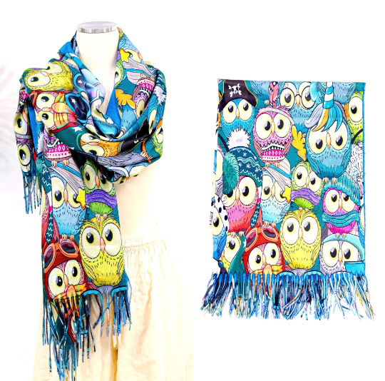 Boho Style Owl Print Oversized  Scarfs