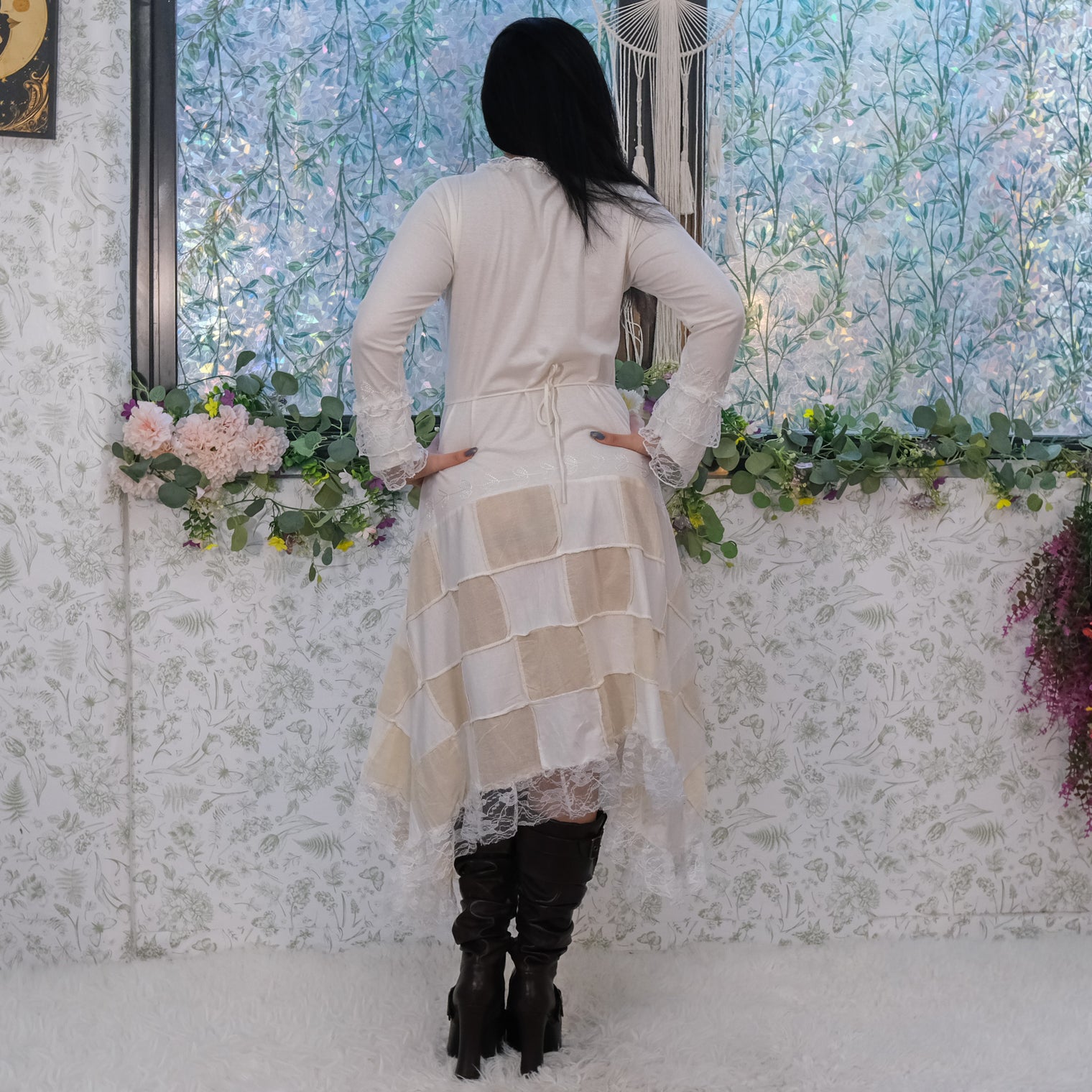 Handmade Patchwork Boho Festival Maxi Dress with Lace Trim