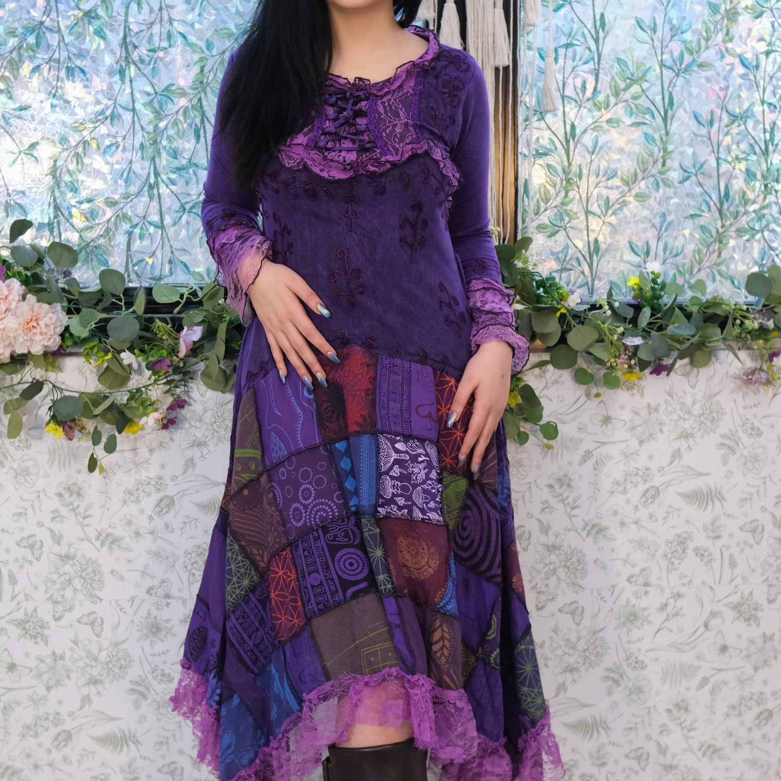 Handmade Boho Patchwork Maxi Dress with Lace Trim