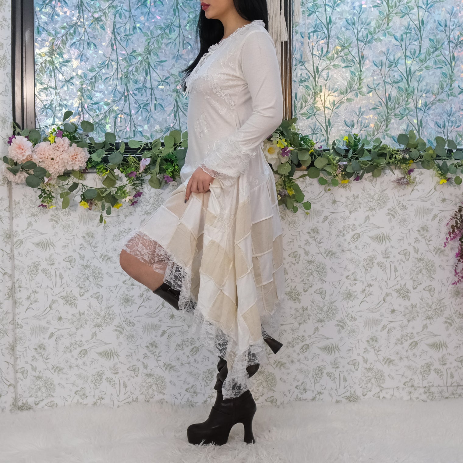 Hippie Patchwork Lace Festival Dress Flowy Cotton Boho Style