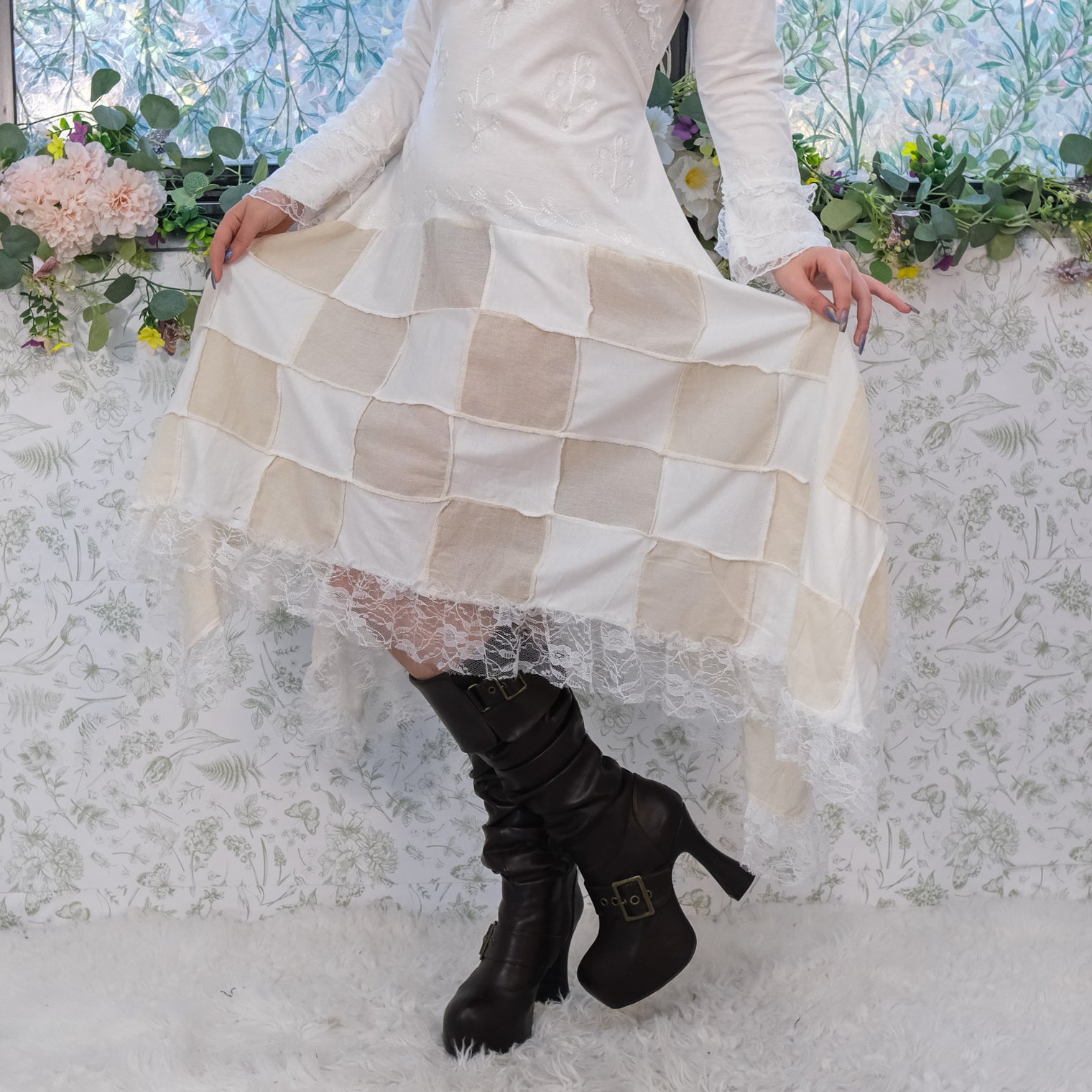 Bohemian Patchwork Festival Maxi Dress with Asymmetrical Hem