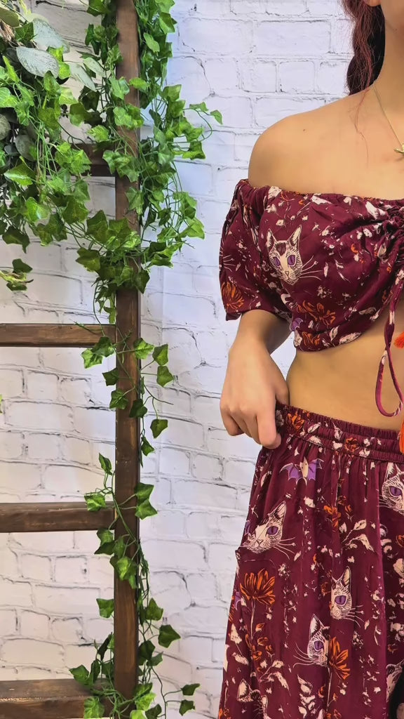 Boho Cat & Moon Two-Piece Flowy Pants and Top Set