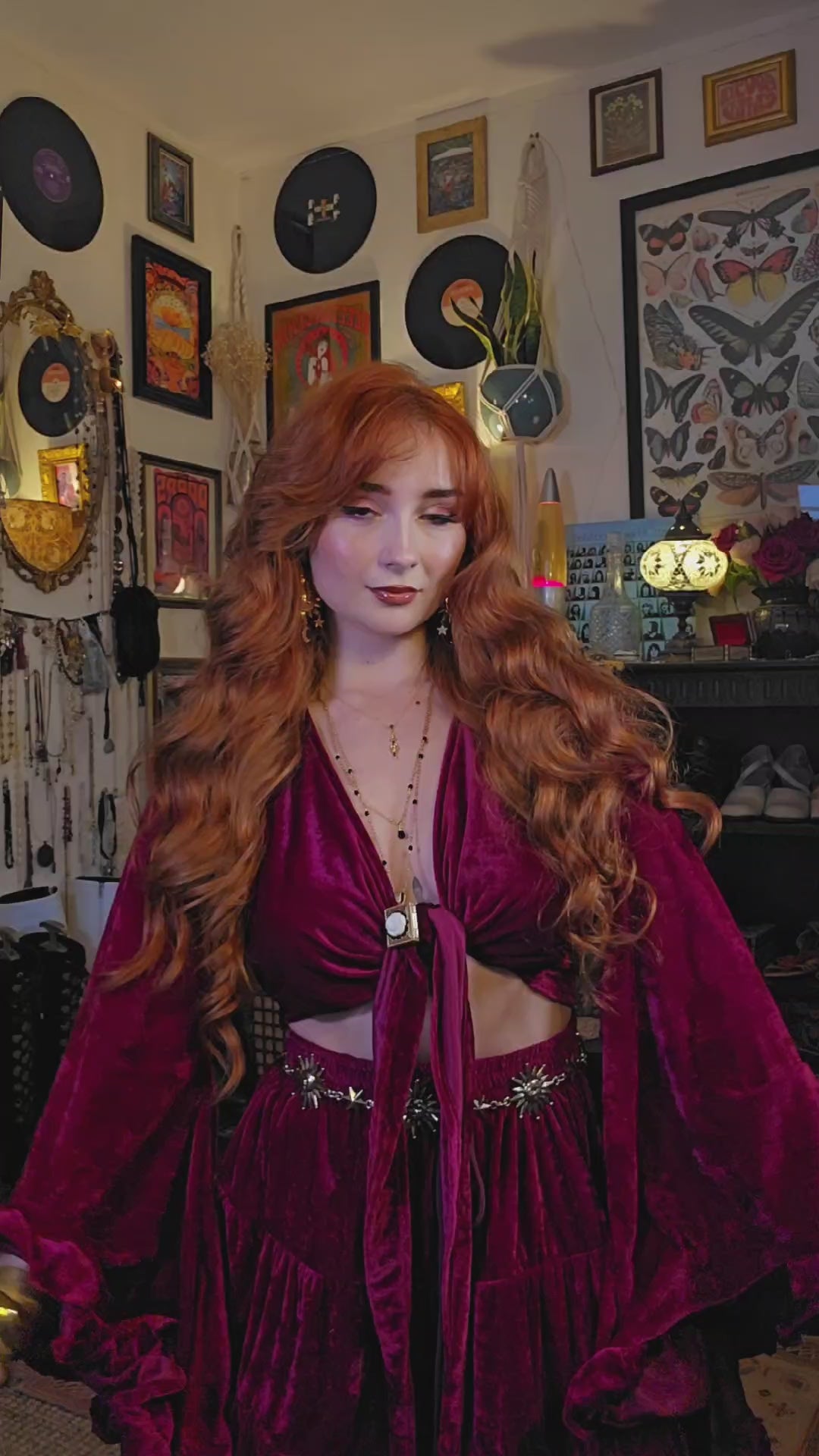 Bohemian Style Flowy Velvet Skirt Set with Ruffle Top