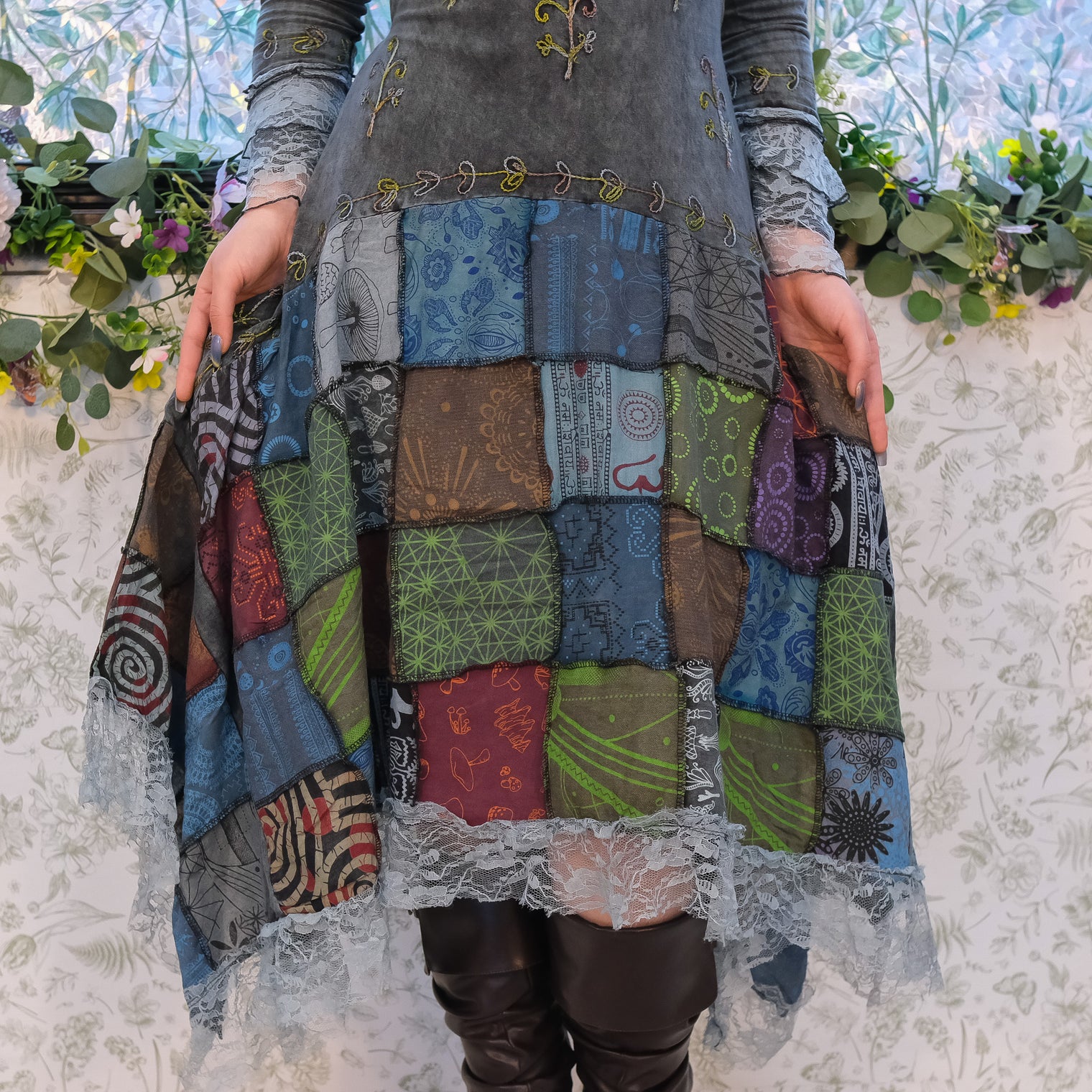 Unique Patchwork Boho Fairycore Maxi Dress Handmade Cotton