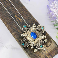 Filigree Design Pendant, Handmade Bohemian Jewelry, Tiger Eye Pendant, Lapis Lazuli Necklace, Vintage Flower Pendant, Gift For Her