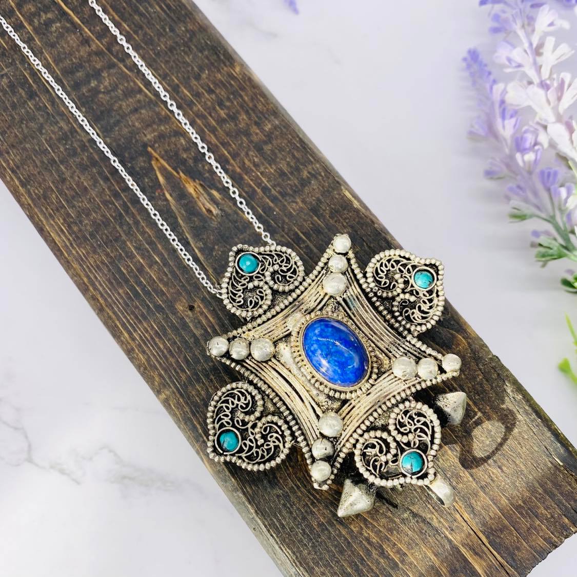 Filigree Design Pendant, Handmade Bohemian Jewelry, Tiger Eye Pendant, Lapis Lazuli Necklace, Vintage Flower Pendant, Gift For Her