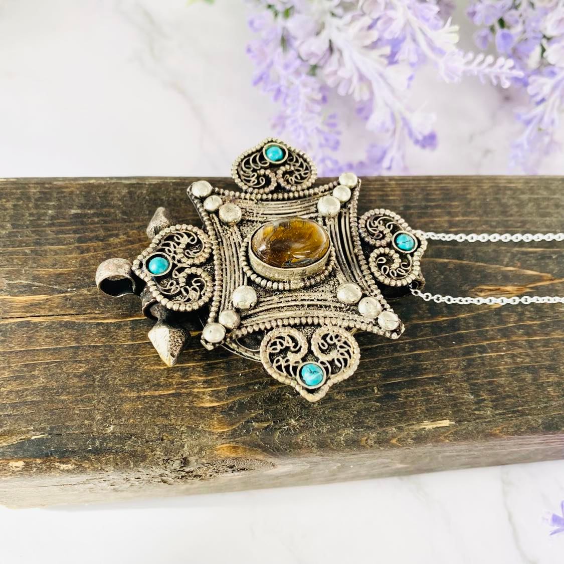 Filigree Design Pendant, Handmade Bohemian Jewelry, Tiger Eye Pendant, Lapis Lazuli Necklace, Vintage Flower Pendant, Gift For Her